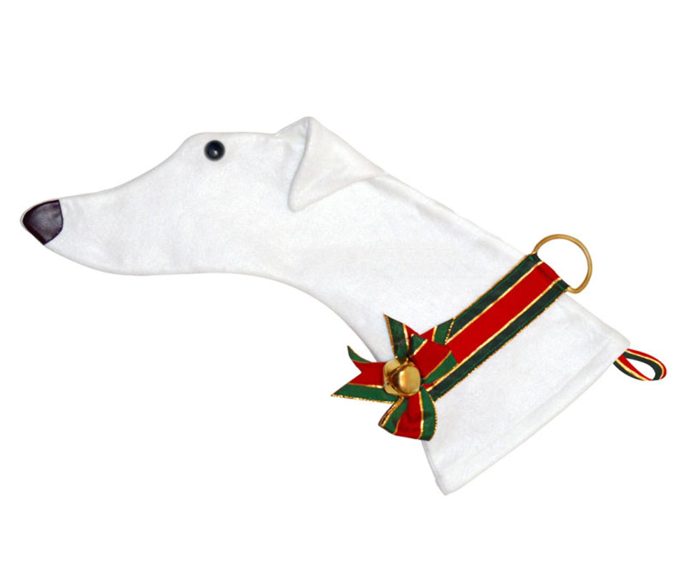 This White Greyhound dog Christmas stocking is perfect for stuffing toys and treats into to spoil your fur baby for Christmas, or whatever holiday you celebrate!