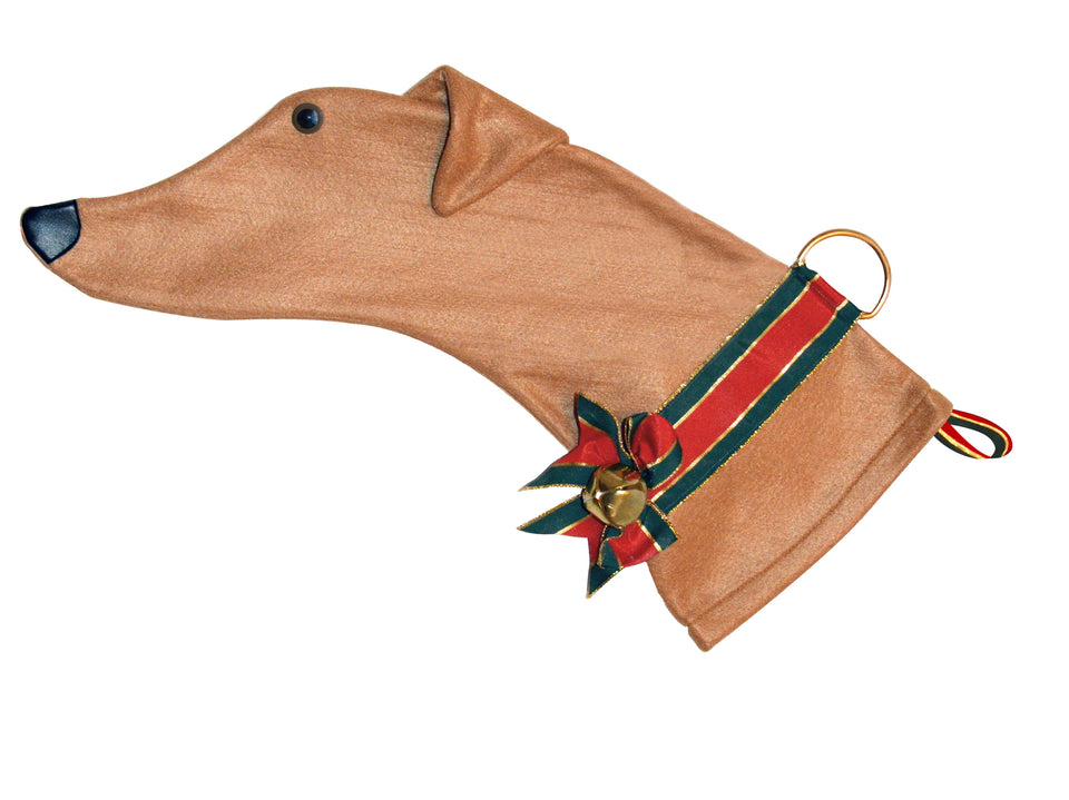 This Greyhound shaped dog Christmas stocking is perfect for stuffing toys and treats into to spoil your fur baby for Christmas, or whatever holiday you celebrate! 