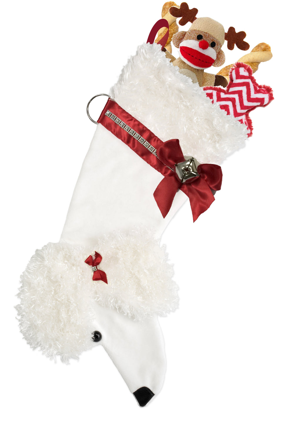 This White Poodle shaped dog Christmas stocking is the perfect gift for stuffing toys and treats into to spoil your fur baby for Christmas, or whatever holiday you celebrate!