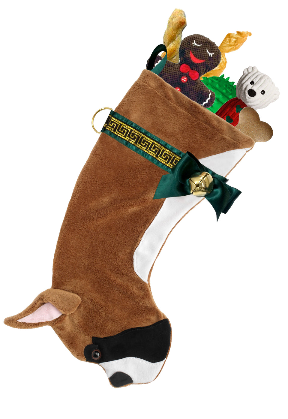 This Boxer dog shaped Christmas stocking is the perfect gift for stuffing toys and treats into to spoil your fur baby for Christmas, or whatever holiday you celebrate!