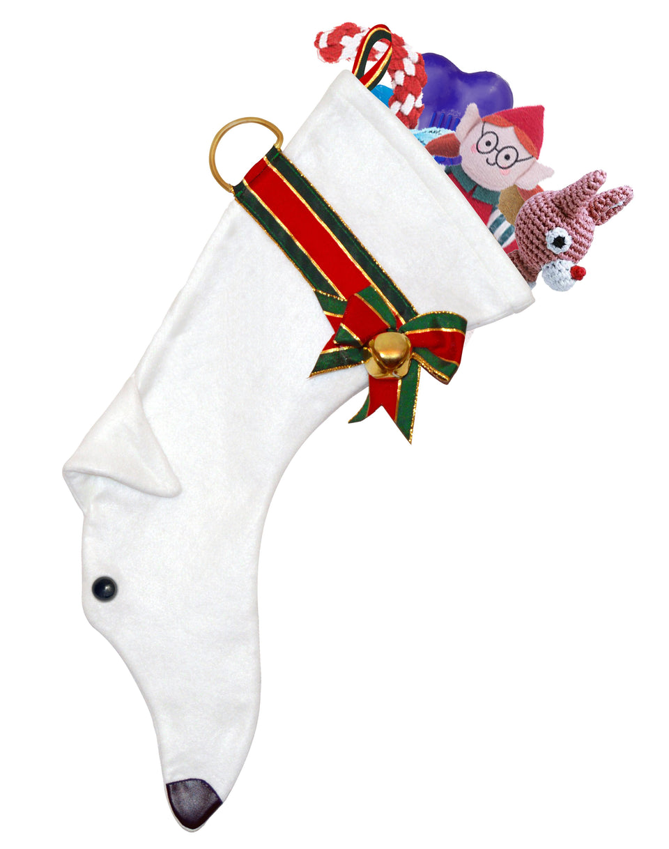 This White Greyhound dog Christmas stocking is perfect for stuffing toys and treats into to spoil your fur baby for Christmas, or whatever holiday you celebrate!