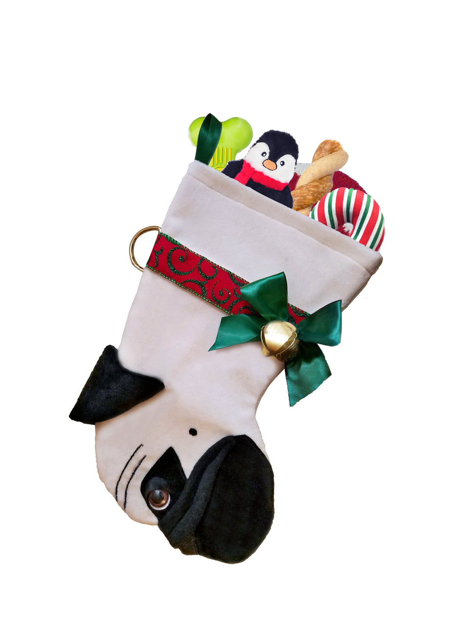 This Pug shaped dog Christmas stocking is the perfect gift for stuffing toys and treats into to spoil your fur baby for Christmas, or whatever holiday you celebrate!