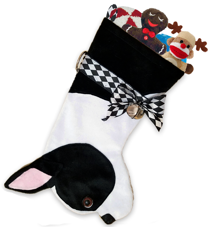 This Boston Terrier dog shaped Christmas stocking is the perfect gift for stuffing toys and treats into to spoil your fur baby for Christmas, or whatever holiday you celebrate!