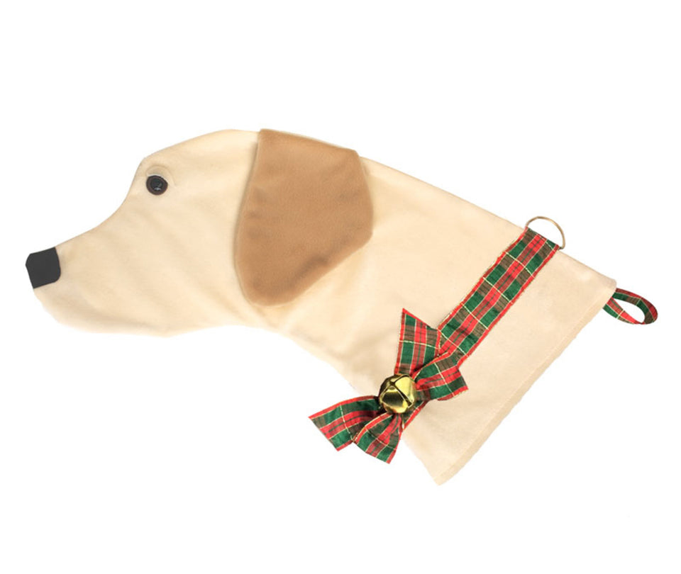 This Yellow Lab shaped dog Christmas stocking is the perfect gift for stuffing toys and treats into to spoil your fur baby for Christmas, or whatever holiday you celebrate!