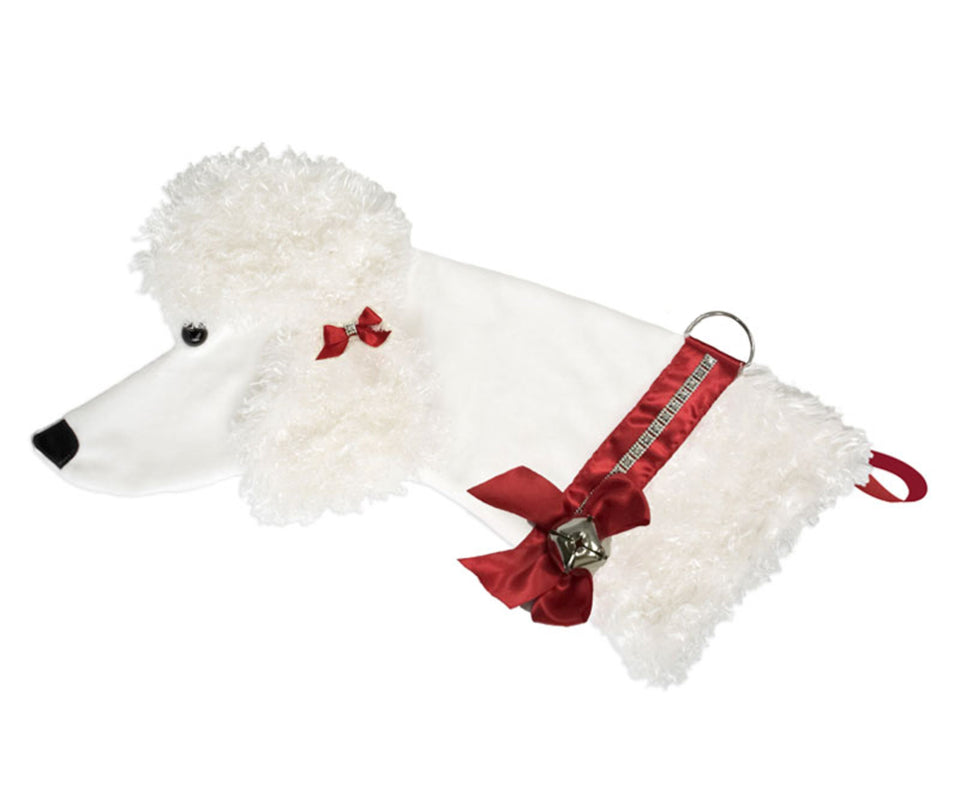 This White Poodle shaped dog Christmas stocking is the perfect gift for stuffing toys and treats into to spoil your fur baby for Christmas, or whatever holiday you celebrate!