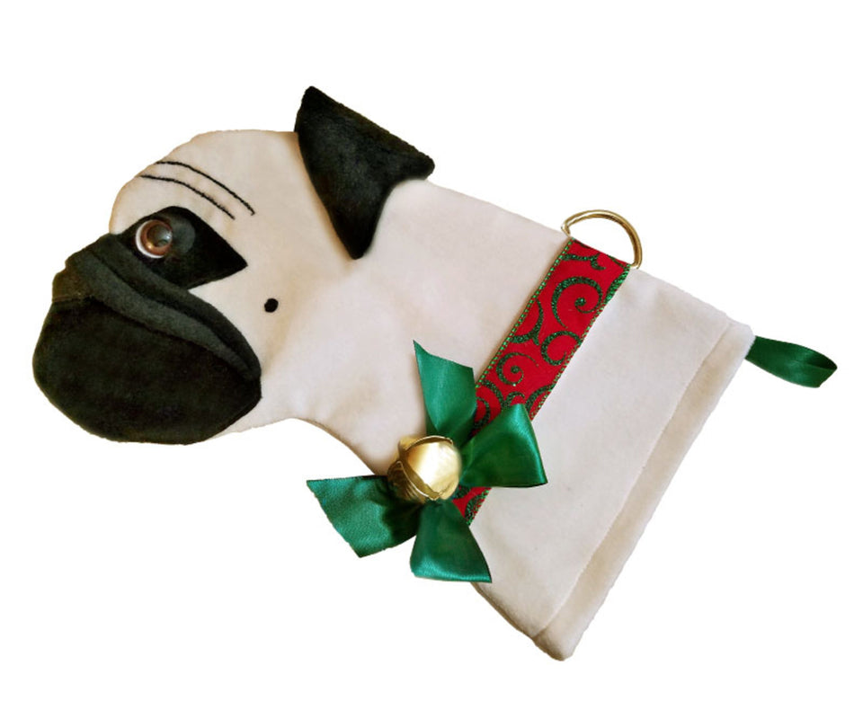 This Pug shaped dog Christmas stocking is the perfect gift for stuffing toys and treats into to spoil your fur baby for Christmas, or whatever holiday you celebrate!